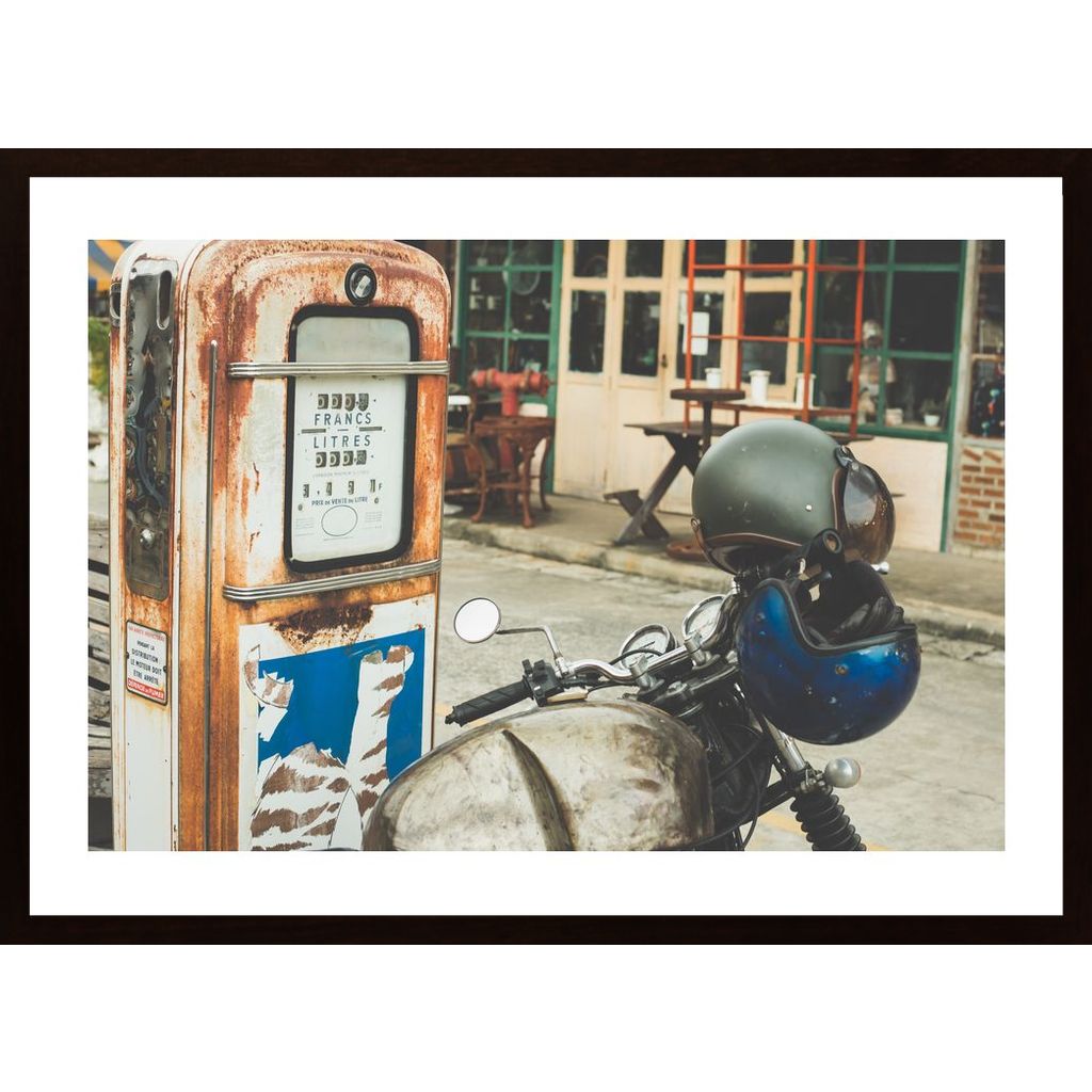 Motorcycle And Petrol Pump Retro Plakát