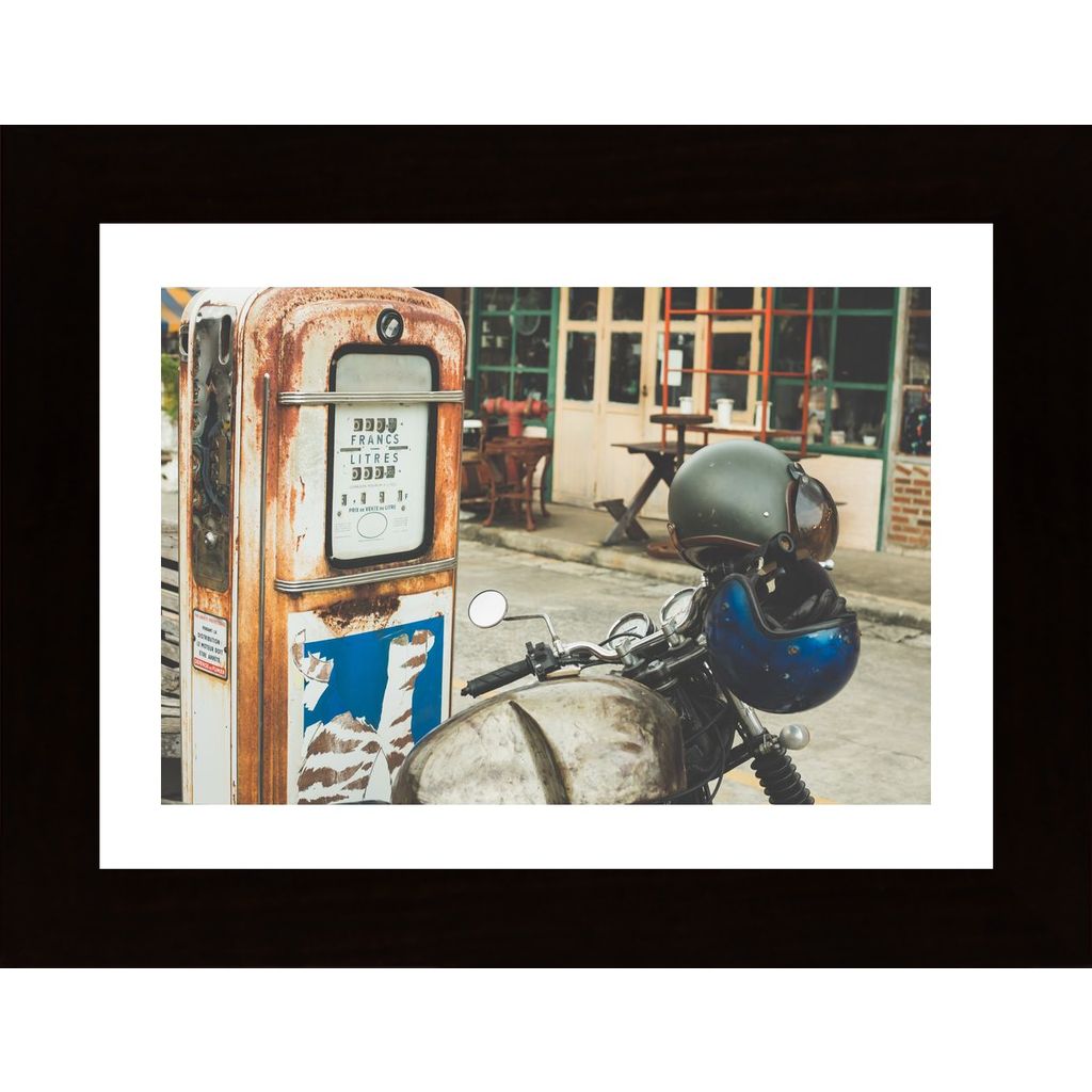 Motorcycle And Petrol Pump Retro Plakát